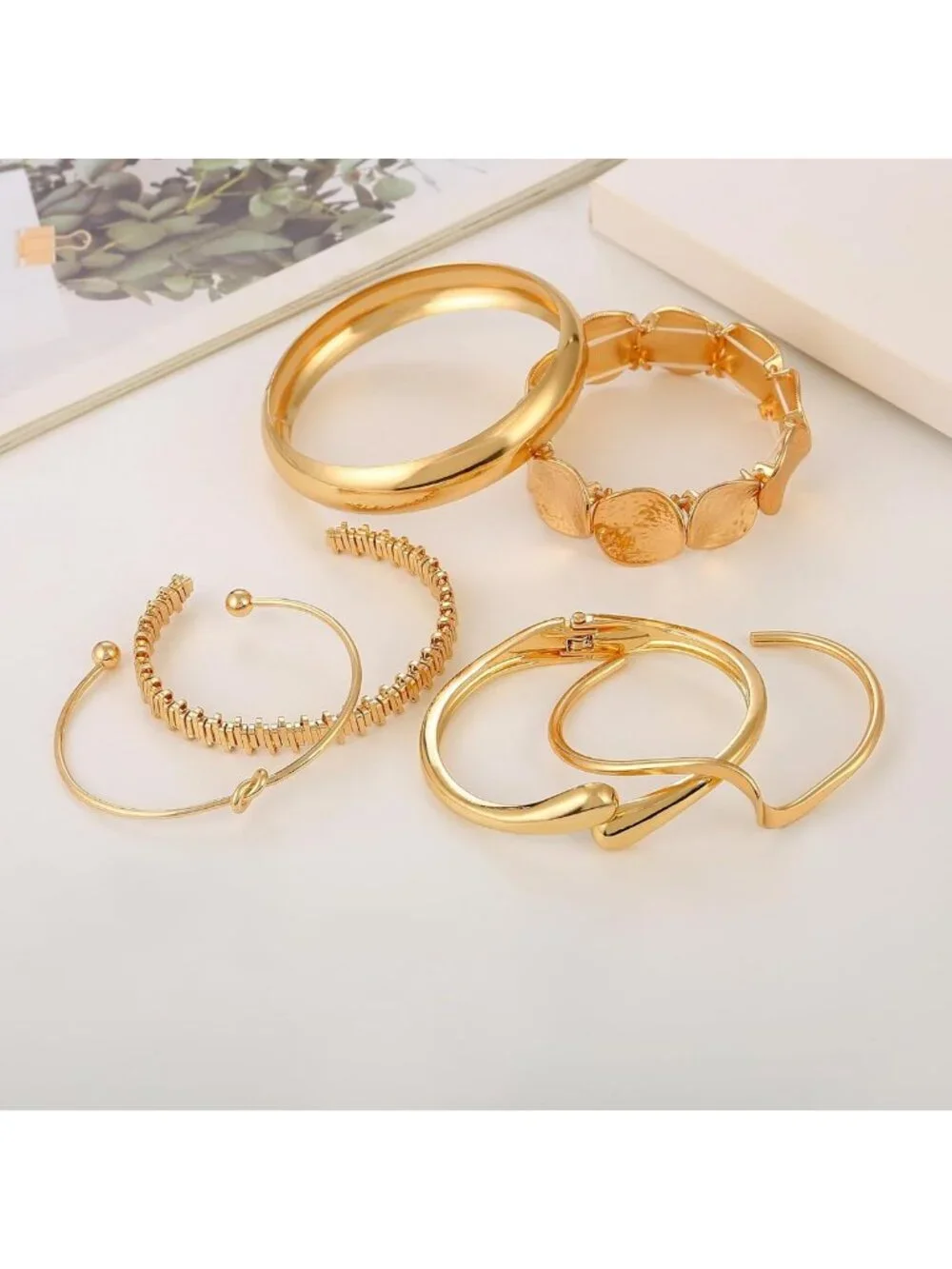 Gold Plated Chunky Cuff Bangle Bracelets Set | Stackable Multi-Layer Fashion